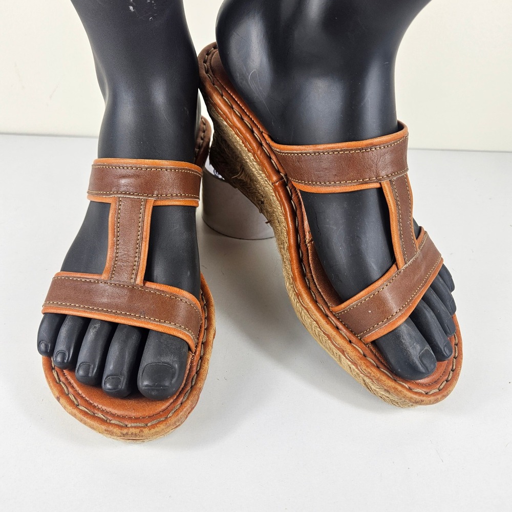 Born Drilles Womens 7 Brown Leather T-Strap Espadrille Sisal Wedge Sandals